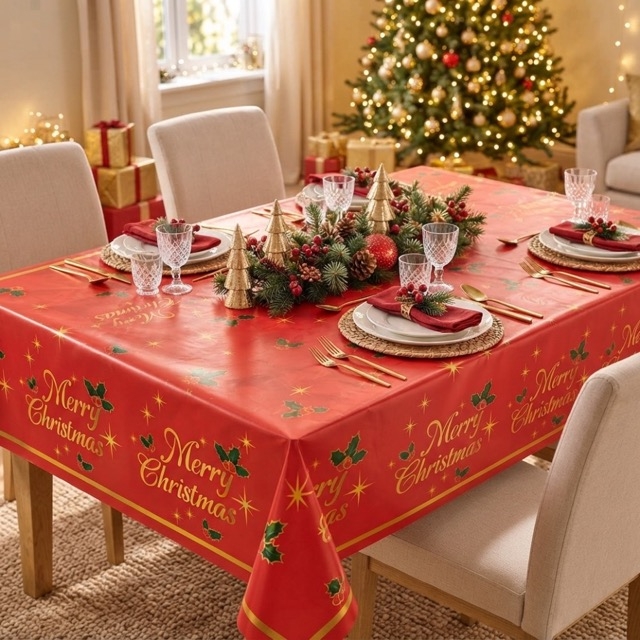 Червена коледна парти покривка Merry Christmas
