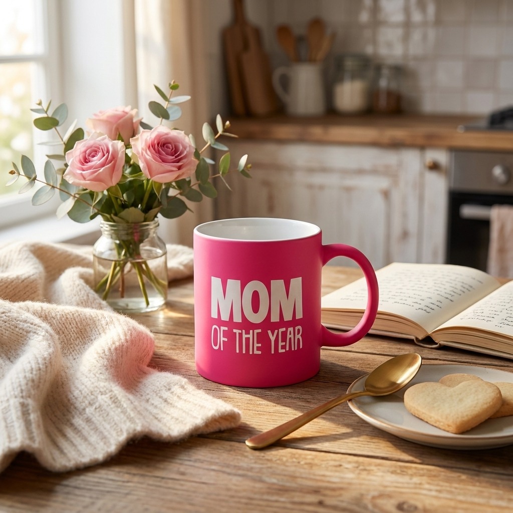 Керамична чаша Mom of the Year в неонов цикламен цвят (340 мл)