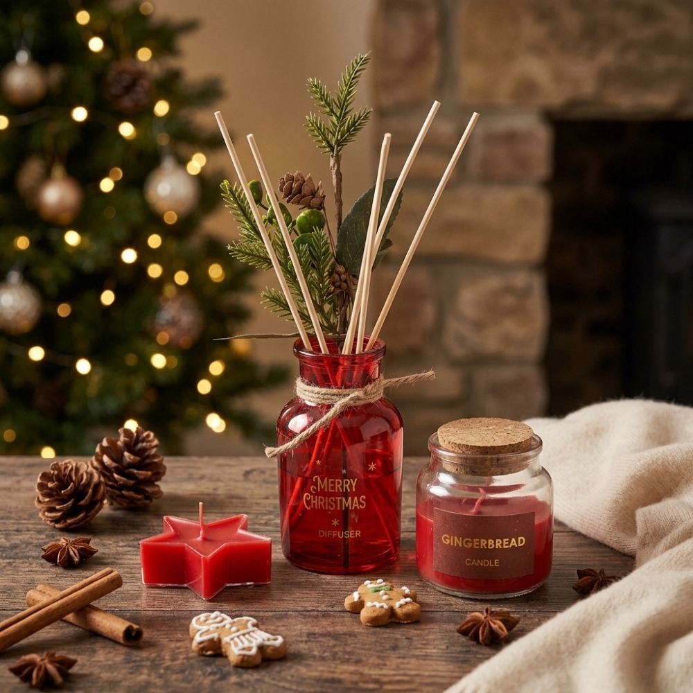 Коледен ароматен комплект Gingerbread – дифузер 100 мл, ароматна свещ в бурканче и свещ звезда