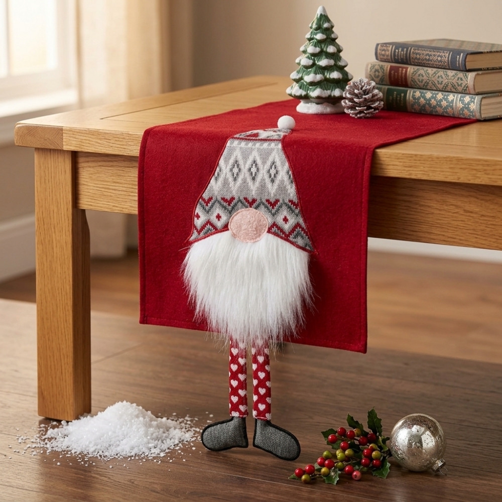 Коледен декоративен тишлайфер в червено с 3D коледен гном и помпон