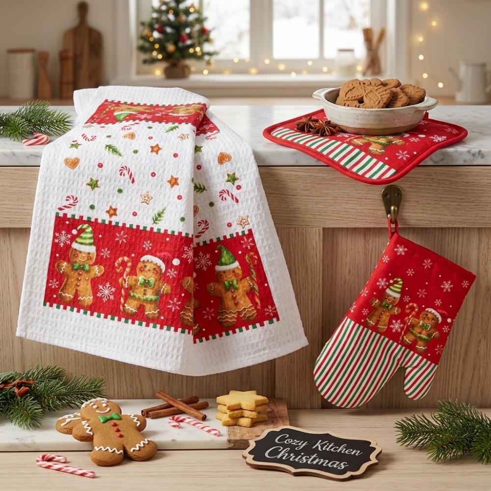 Коледен памучен кухненски комплект с ръкавица, ръкохватка и кърпа Gingerbread