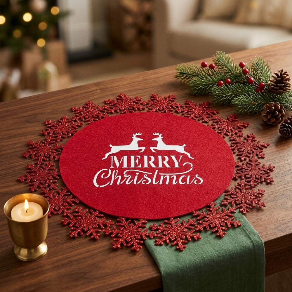Коледна червена филцова подложка за хранене Merry Christmas с елени и брокатени снежинки