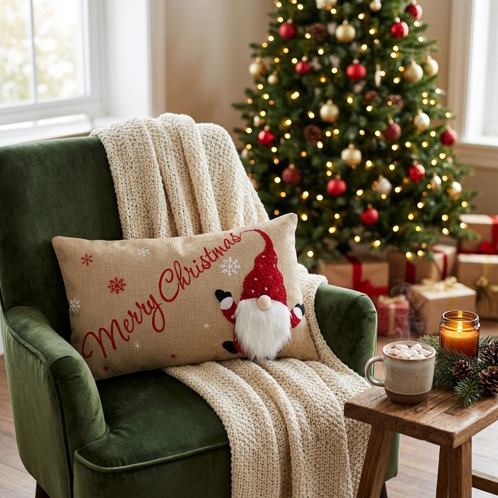 Коледна декоративна възглавница от юта с 3D гном и надпис „Merry Christmas“