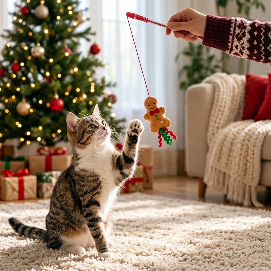 Коледна играчка въдица за котка Джинджифилово човече
