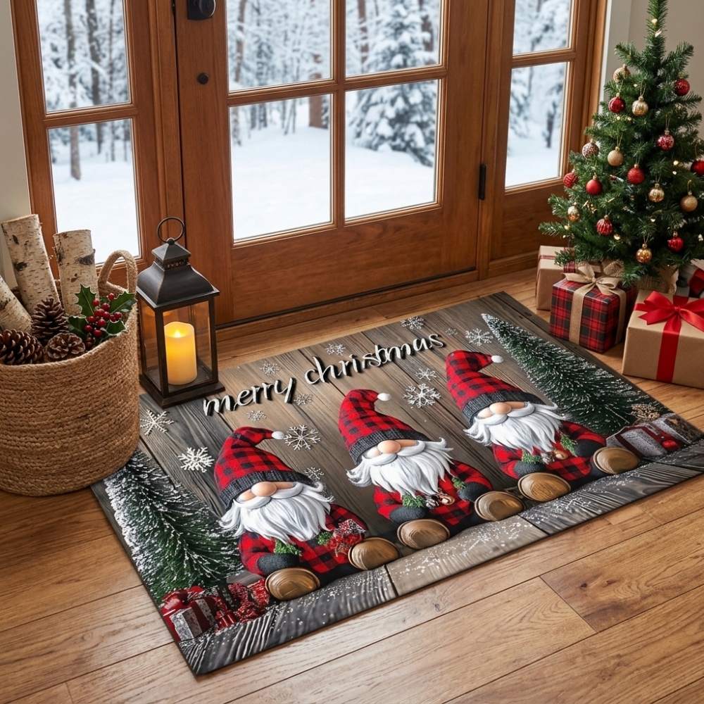 Коледна изтривалка Трима карирани гноми Merry Christmas