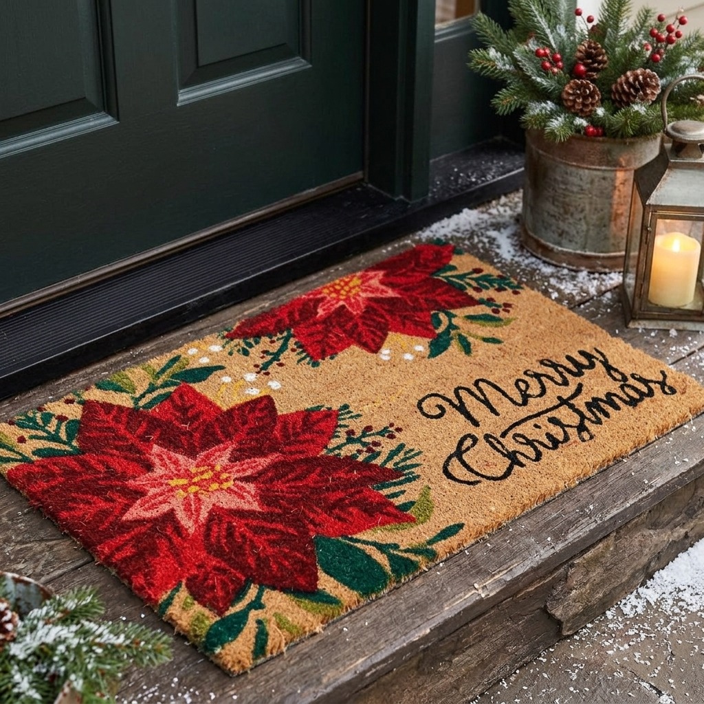 Коледна кокосова изтривалка за входна врата Поансетия Merry Christmas