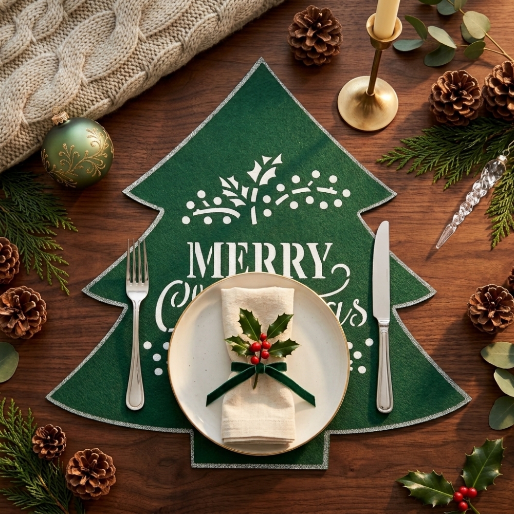 Коледна зелена филцова подложка за хранене Елха с брокат Merry Christmas