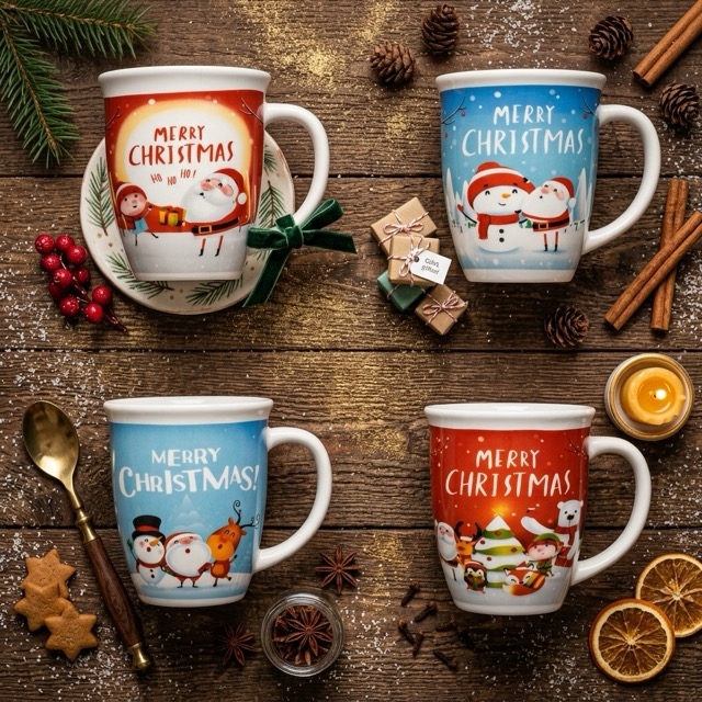Комплект коледни керамични овални чаши Merry Christmas 420 мл – 4 бр.