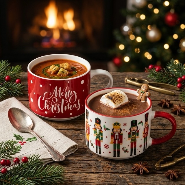 Комплект коледни порцеланови чаши Лешникотрошачки и Merry Christmas