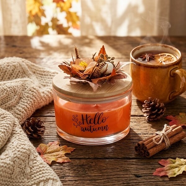 Ароматна трифитилна свещ „Hello Autumn“ с есенна декорация