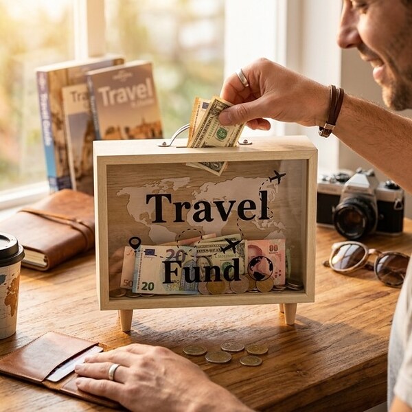 Дървена касичка куфарче „Travel Fund“