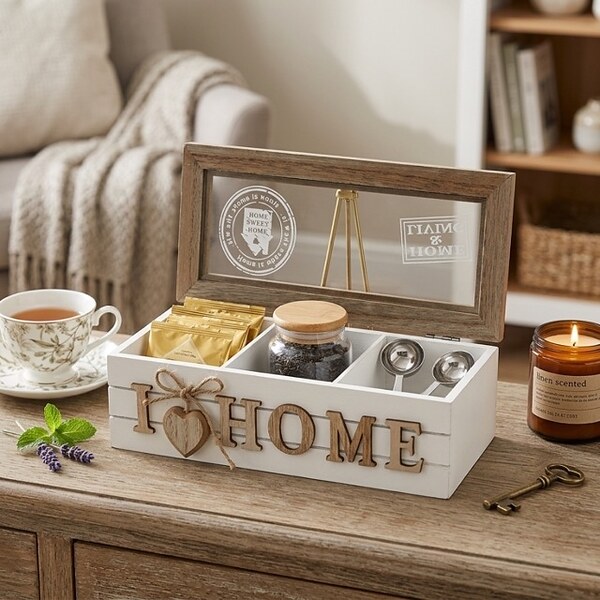 Дървена кутия за чай и аксесоари „I Love Home“ с 3 отделения
