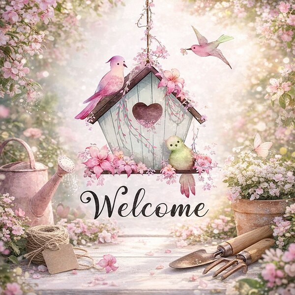 Декоративен стикер за врата с къщичка за птици и надпис Welcome