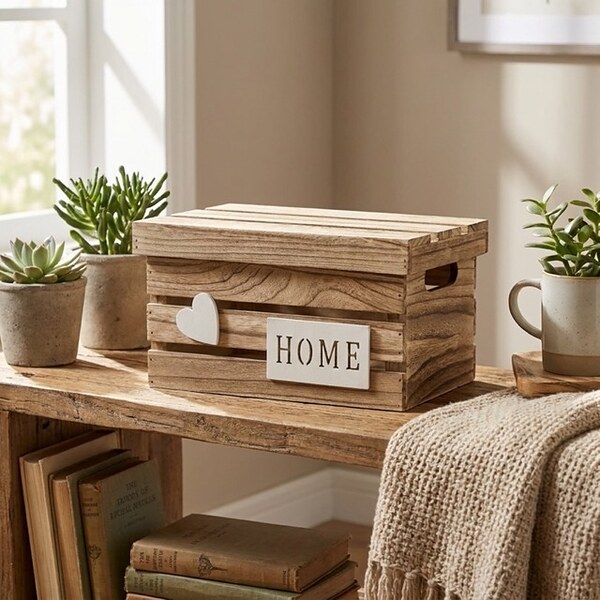 Декоративна дървена щайга с капак „Home“