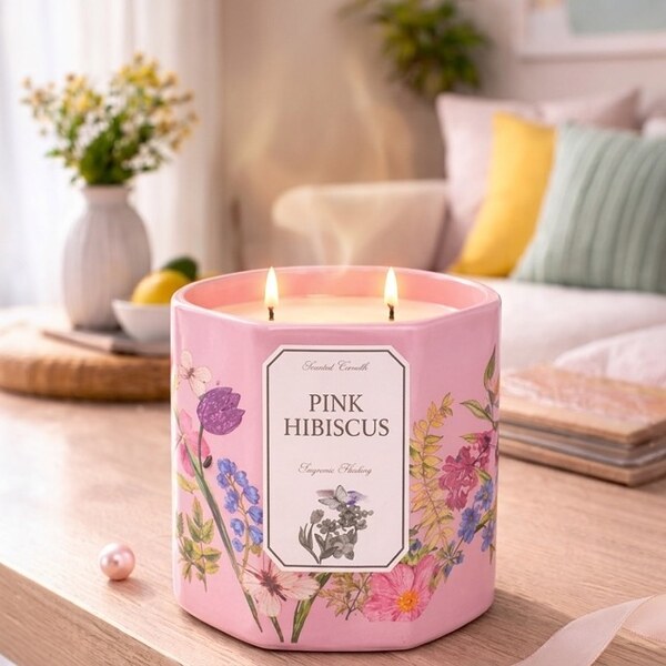 Голяма ароматна свещ „Pink Hibiscus“
