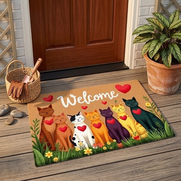 Изтривалка за входна врата „Welcome“ с котки и сърца