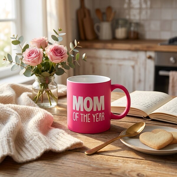 Керамична чаша Mom of the Year в неонов цикламен цвят (340 мл)