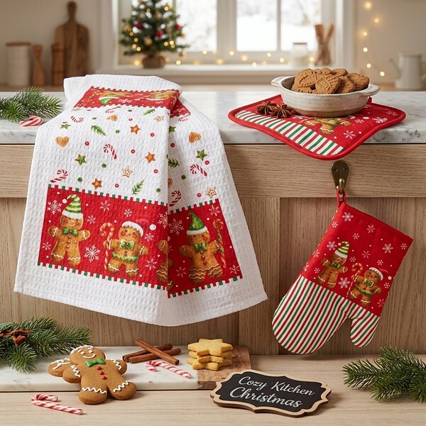 Коледен памучен кухненски комплект с ръкавица, ръкохватка и кърпа Gingerbread
