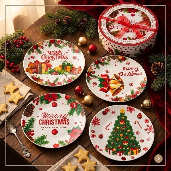 Коледен подаръчен комплект от 4 порцеланови десертни чинии XMAS в кутия с панделка