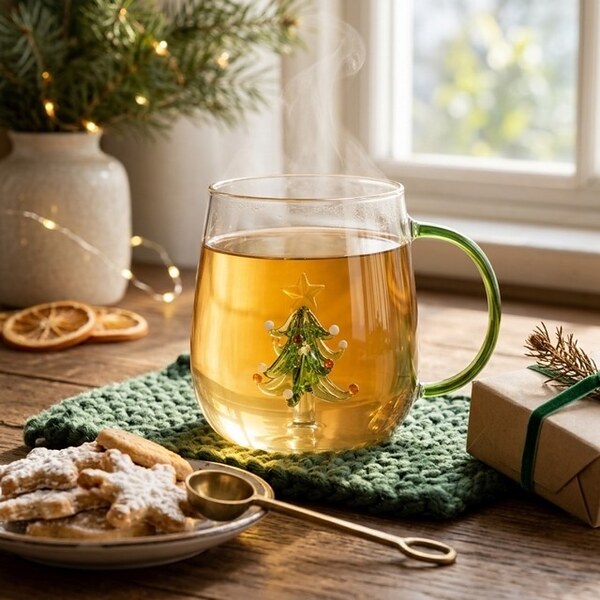 Коледна чаша от боросиликатно стъкло с 3D елхичка на дъното