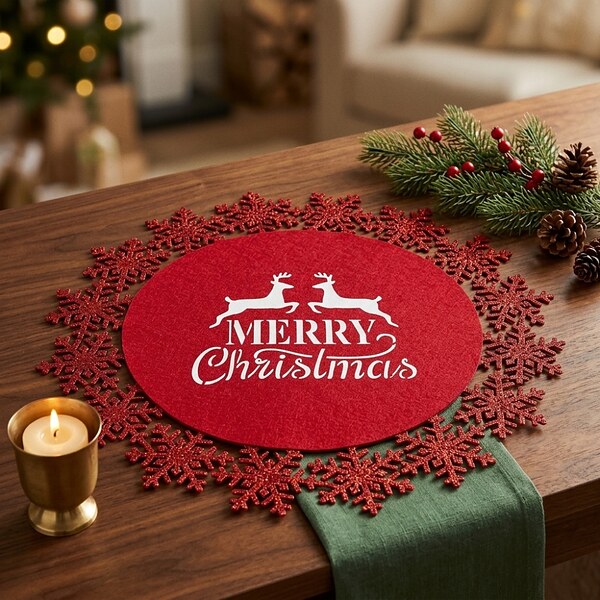 Коледна червена филцова подложка за хранене Merry Christmas с елени и брокатени снежинки