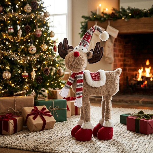 Коледна декоративна фигура на елен с жакардова шапка и шал 65 см