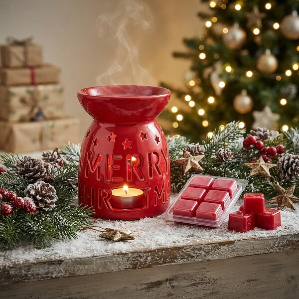 Коледна керамична аромалампа за восък „Merry Christmas“ с 6 wax melt кубчета коледни бисквитки