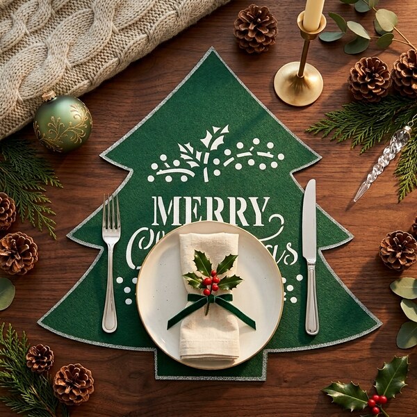 Коледна зелена филцова подложка за хранене Елха с брокат Merry Christmas