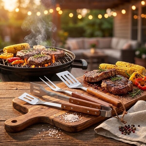 Комплект BBQ инструменти от неръждаема стомана с дървени дръжки – 3 части