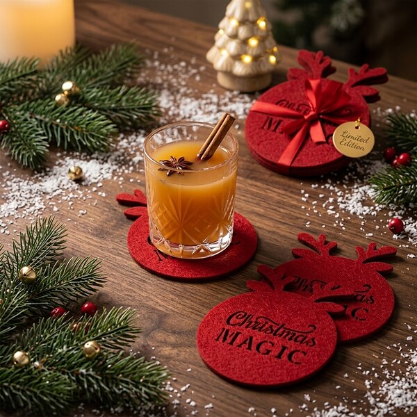 Комплект от 4 бр. коледни филцови подложки за чаши Christmas Magic с рога на елен