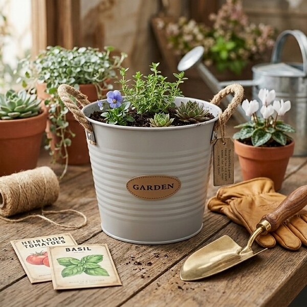 Метална кашпа с дръжки от въже Garden