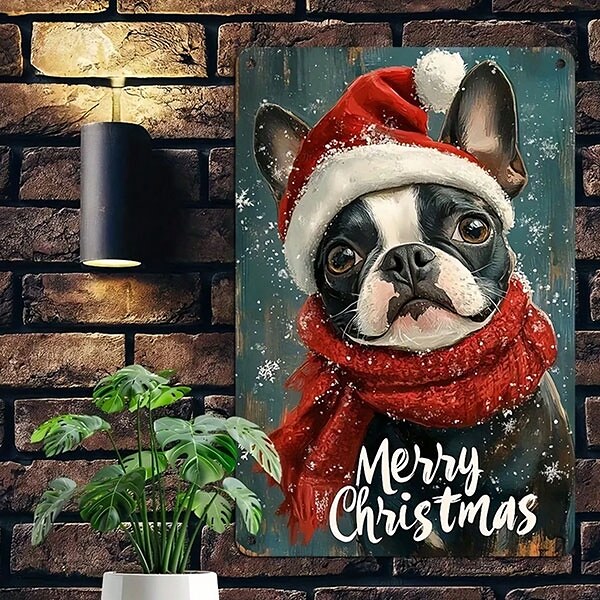 Метална коледна табела Merry Christmas Dog