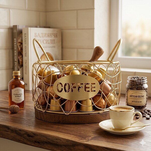 Метална кошница за кафе капсули с дървена основа „COFFEE“