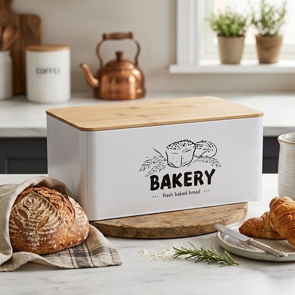 Метална правоъгълна кутия за хляб и тестени изделия с дървен капак „Bakery“