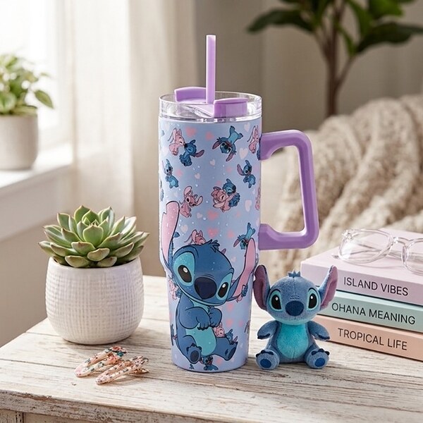 Метална термочаша с дръжка и сламка Stitch – Лилава, 900 мл