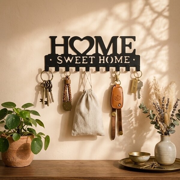 Метална закачалка за стена „Home Sweet Home“ с 10 куки – черна