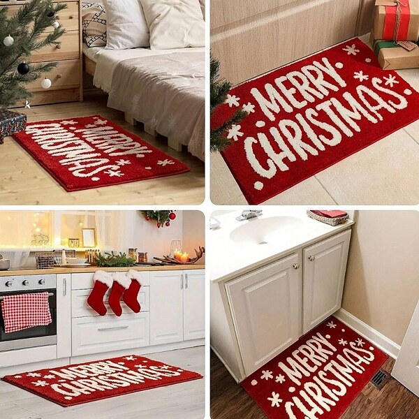 Пухкаво червено килимче за баня Merry Christmas