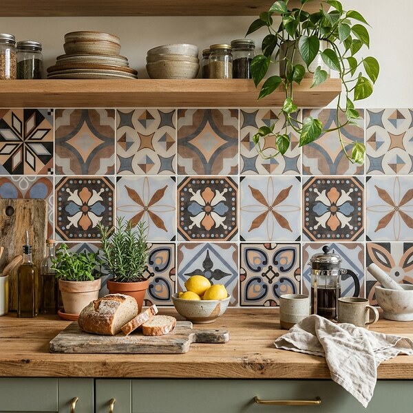 Самозалепващи се 3D стенни плочки с винтидж мотиви в земни тонове 30 x 30 см