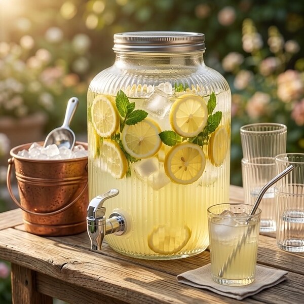 Стъклен диспенсър за напитки с релефен дизайн и канелка, 4L