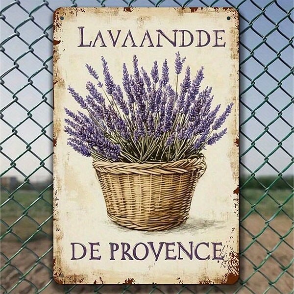 Винтидж метална табела „Lavande de Provence“ с кошница лавандула